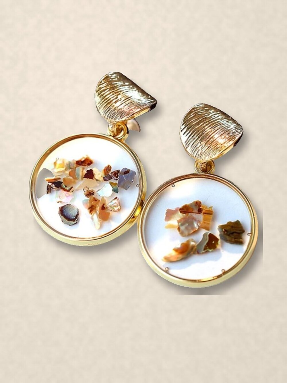 Gold Tone Open Circle Drop Earrings with Real Shell Chips in Clear Resin NWT